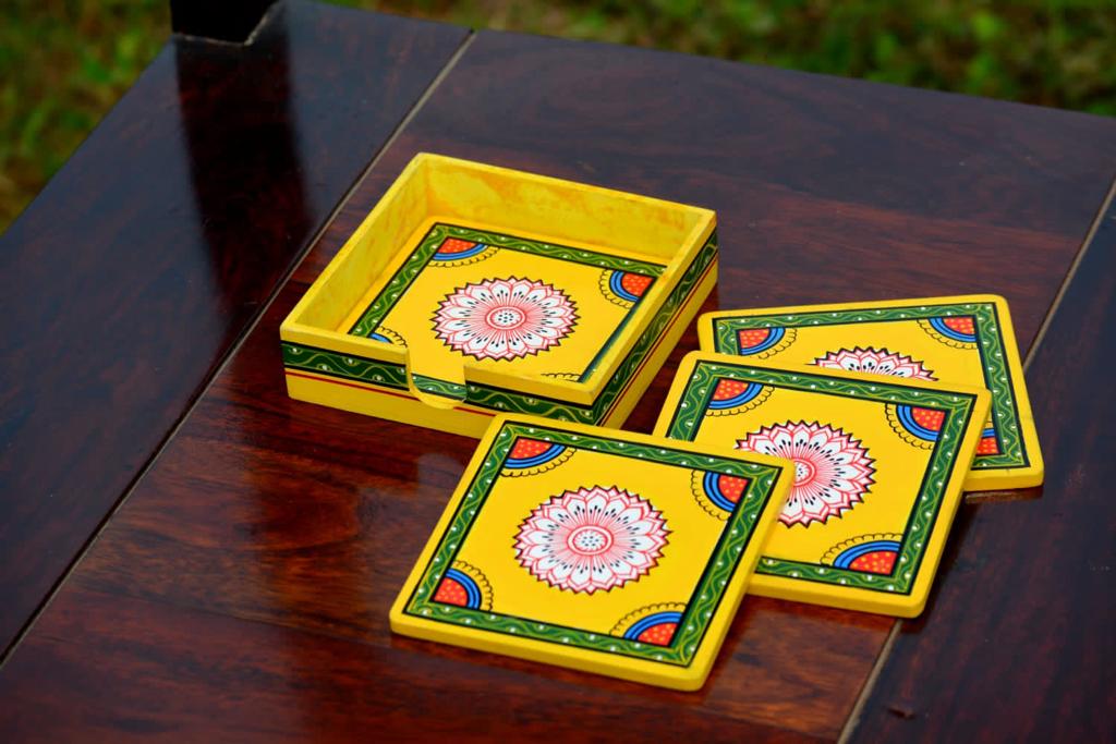 Hand-Painted Patta Chitra Coasters in Yellow (Set of 4)